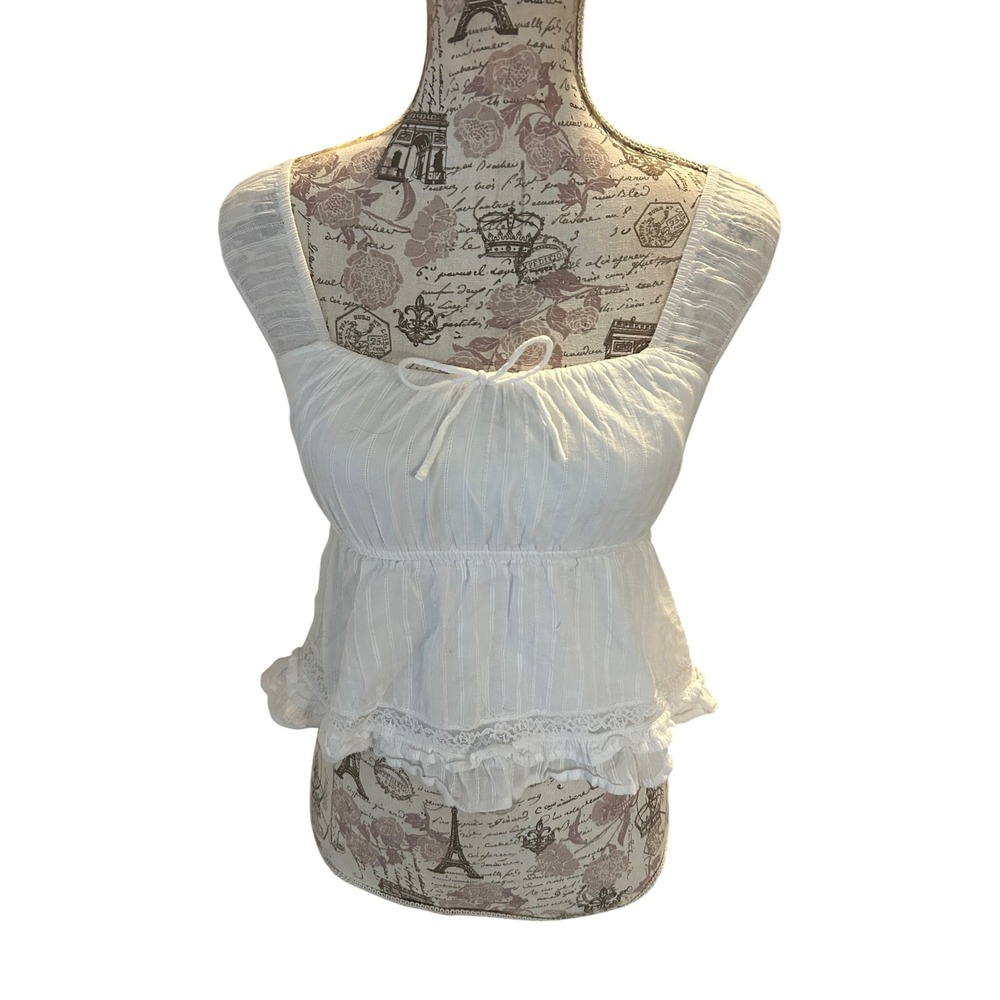 Y2K RSQ White Smocked Square Neck Ruffle Peplum Top Women's Medium Lightweight